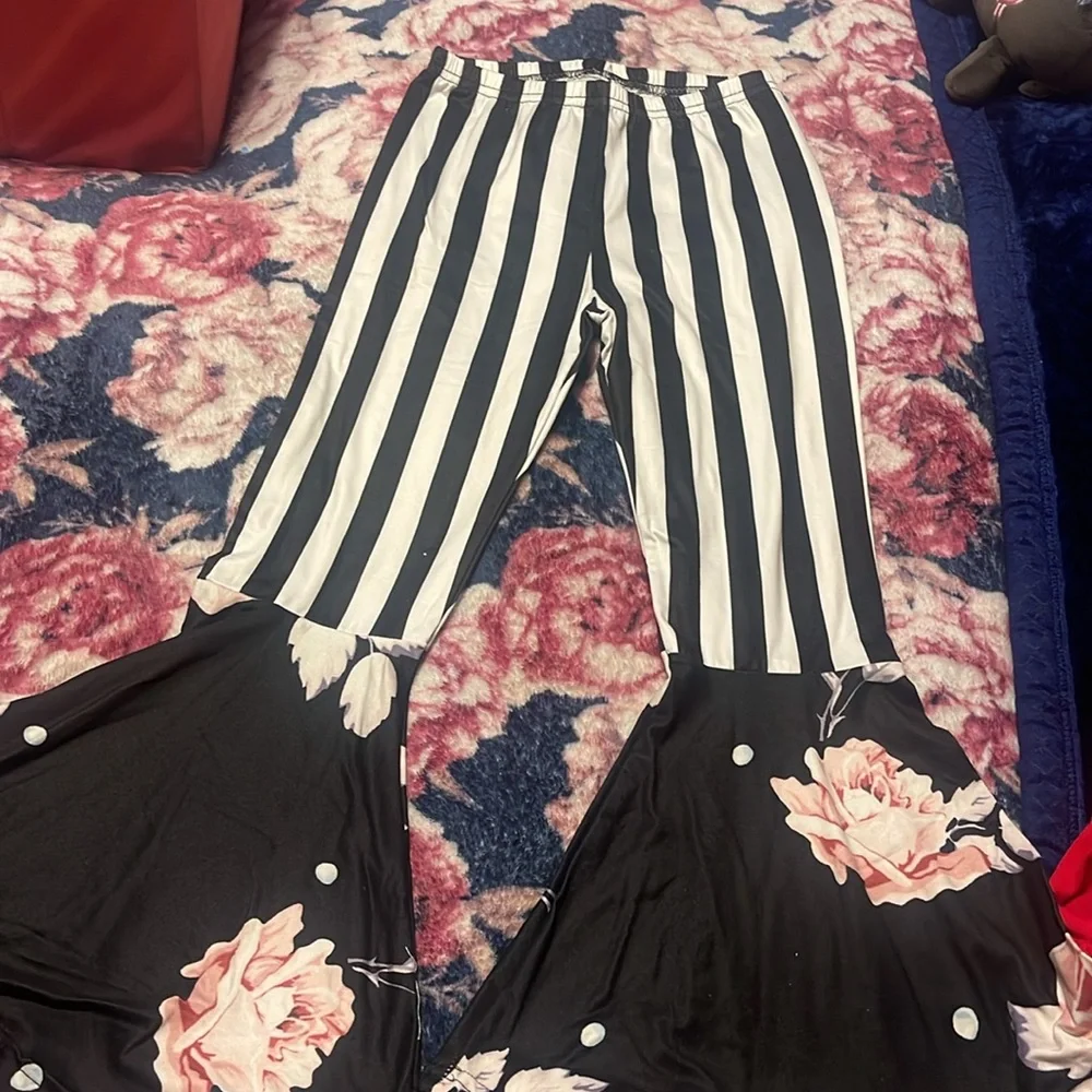 Floral Bell Sleeve Top and Striped Pants Set